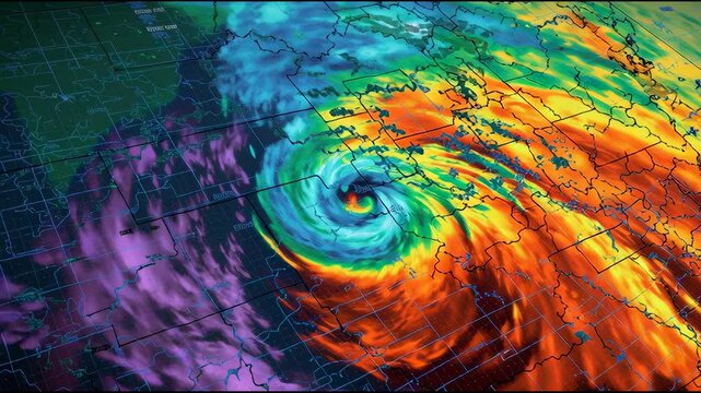 Satellite view of a weather radar map displaying a colorful storm system over a large geographical area &mdash; vivid colors, digital screen style