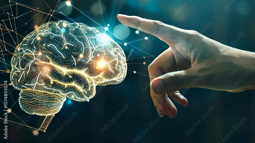 Poster hand pointing at a digital brain hologram with neural network connections