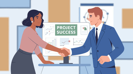 Fototapeta premium Business partners shaking hands to celebrate project success with charts and data