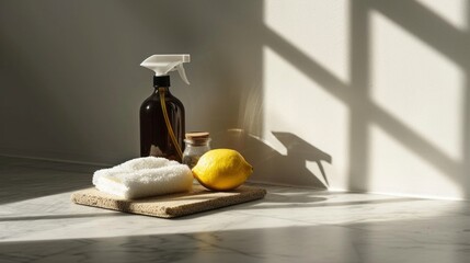 Eco-Friendly Cleaning Supplies: A Dark Bottle Spray, Small Jar, Lemon, and a White Towel Bathed in Natural Window Light