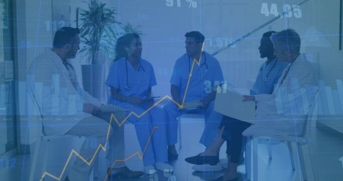 Nurse tapping tablet initiating team analyzing medical metrics under semi-transparent line graphs