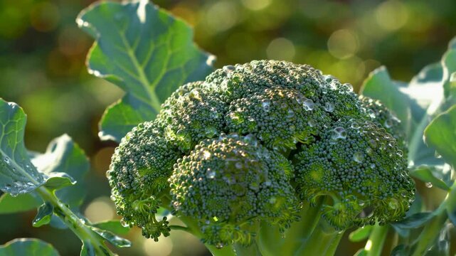 Fresh broccoli with water droplets in a garden, closeup view