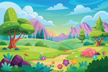 Naklejka premium Vibrant cartoon landscape with rolling hills trees and flowers under a blue sky
