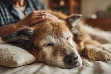 Naklejka na ściany i meble A loving senior man gently pets his old dog, who is sleeping peacefully on a bed, creating a heartwarming scene of companionship and love, with care and comfort.