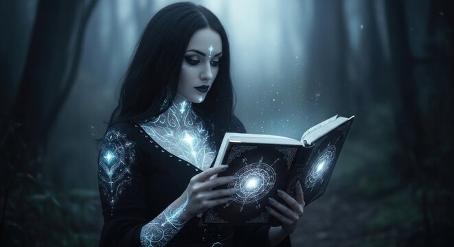 A sorceress in a dark forest reading a glowing spellbook with magical symbols and energy patterns