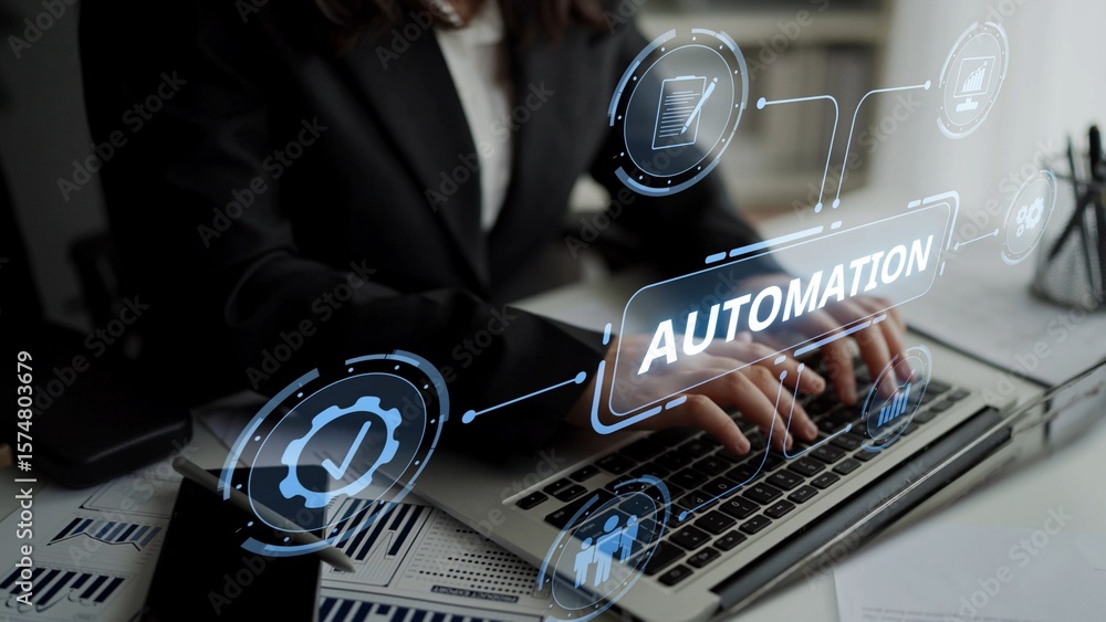 Poster modern automation drives workflow efficiency by connecting systems, people, and data. with intellige