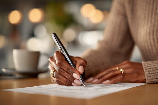 Close-up of an African American woman signing paperwork with a pen at a table, accompanied by a cup of coffee, symbolizing business and commitment.