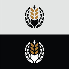 A minimalist wheat wreath logo design showcases a golden grain encircled by a black laurel, symbolizing harvest and agriculture