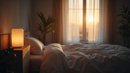 Cozy Sunrise Bedroom with Soft Lighting and Neutral Tones