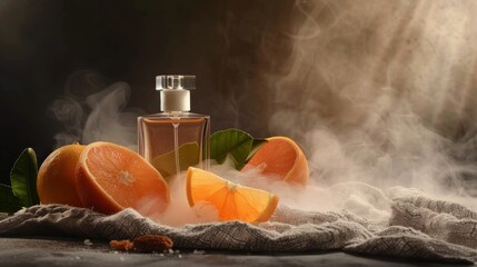 Aromatic still life featuring a perfume bottle amidst sliced oranges and delicate wisps of smoke against a dark background evoking luxury.