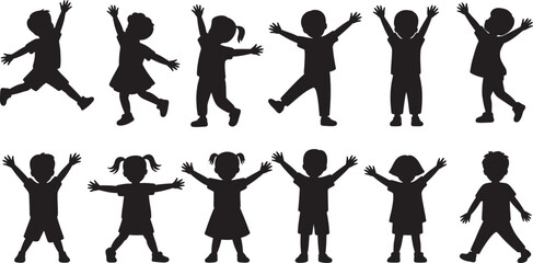 Silhouette Set of Happy Children Jumping and Playing – Kids Vector Illustration Collection