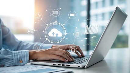 Woman using modern laptop with cloud computing and data management network interface for optimal performance.