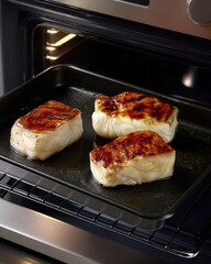 Savory Oven-Baked Steaks: Culinary close-up of tender steaks browning to perfection within the confines of a modern oven, appetizing texture, ready to eat.