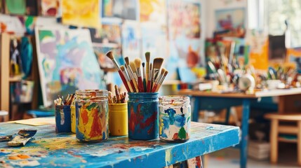 Vibrant Classroom Filled with Slightly Messy Art Supplies and Canvases
