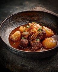 Savor the Flavor: Massaman Curry Thai food Close-up culinary shot of hearty beef stew, featuring tender chunks of beef, potatoes, and flavorful gravy, topped with fried onion