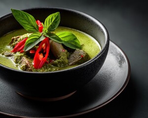 Emerald Delight: A visually enticing top-down shot showcases a bowl of vibrant green curry, adorned with fresh basil and chili peppers, all nestled atop a dark plate.