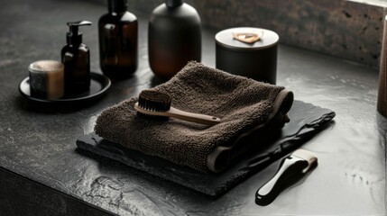 Elegant bathroom arrangement featuring brown towel, brushes, soap dispensers and stylish accessories on a dark stone surface creating a spa-like ambiance.