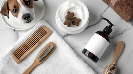Luxurious Dog Grooming Essentials: A Playful Portrait of a Jack Russell Terrier with Grooming Tools and Treats in a Spa-Like Setting