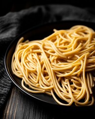 An overhead flat lay of an artisanal pasta dinner. The dark, moody lighting creates deep shadows, highlighting the rich textures of the food and the rustic, elegant table setting.

