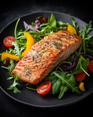Salmon Dish: A perfectly cooked salmon fillet rests gracefully atop a vibrant bed of fresh, green arugula, complemented by colorful cherry tomatoes and bell peppers.