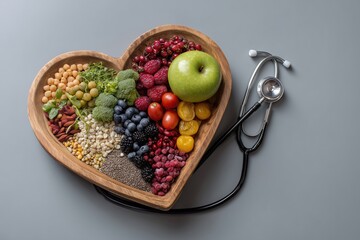 Nourishing the Heart: A vibrant display of wholesome ingredients meticulously arranged within a heart-shaped wooden bowl, symbolizing a commitment to health and wellness, accompanied by a stethoscope