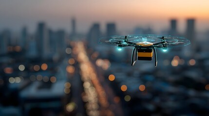 Futuristic drone delivery system flying over smart city with GPS navigation interface real time data overlay and AI logistics optimization seen from birds eye view against sunset skyline background