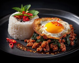A Culinary Delight: Pad Krapow / Stir-fried Basil, featuring fluffy rice, a perfectly fried egg, and an artful garnish of fresh herbs and chili peppers.