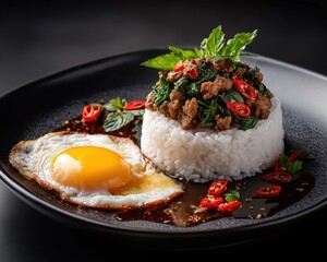 Pad Krapow / Stir-fried  A visually stunning composition of a traditional Thai dish, showcasing a fluffy bed of rice, topped with flavorful meat and vibrant greens, accented by a perfectly cooked egg.