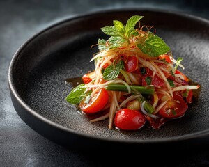 Som Tum Culinary Delight: A meticulously arranged serving of Som Tum, the vibrant green papaya salad, garnished with fresh mint leaves and plump, ripe cherry tomatoes.