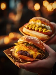A Gastronomic Delight: Close-up of hands holding a juicy burger and hotdog, ready for a satisfying bite. The burger is a symphony of flavors, while the hotdog provides a classic taste experience. 