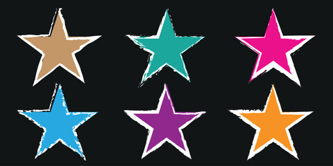 Old School Hand-Drawn Stars with Grunge Texture and Colorful Stains – Unique Vintage Retro Vector Elements for Graphic Design