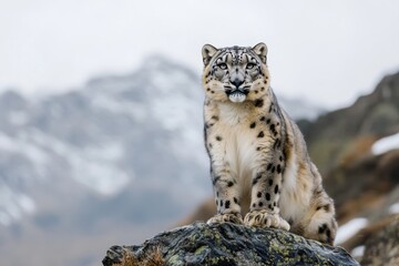 Obraz premium Majestic Snow Leopard Portrait Captured in Natural Mountain Habitat