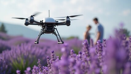 Drone Flying Over Lavender Field with People in the Background