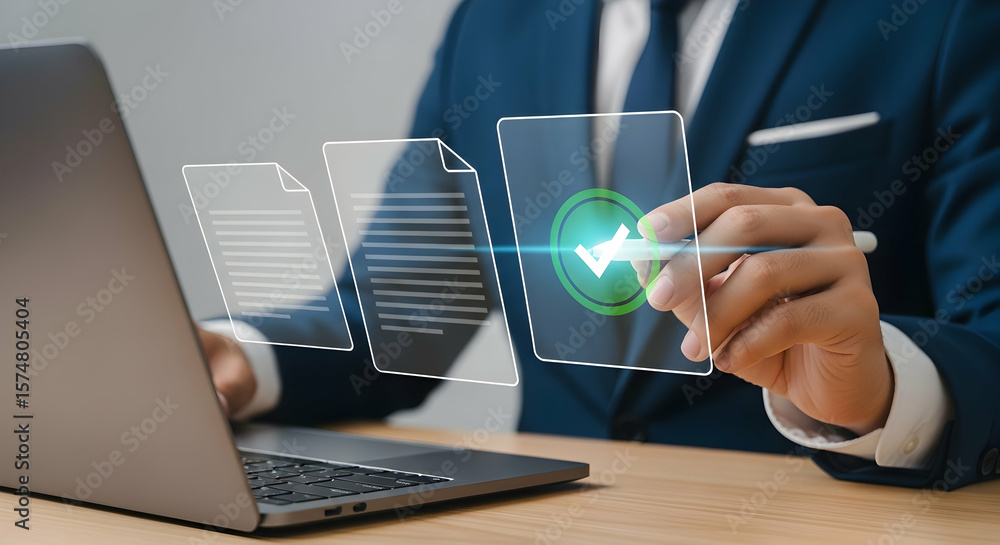 Poster online survey and checklist assessment, digital questionnaire, businessman use tablet to complete a 