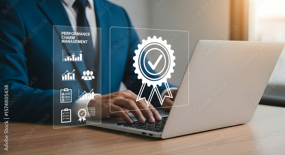 Poster iso certification and quality assurance, businessman working with computer and tablet, symbolizing c