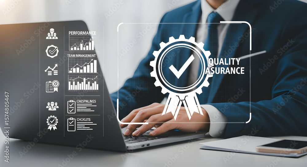 Poster iso certification and quality assurance, businessman working with computer and tablet, symbolizing c