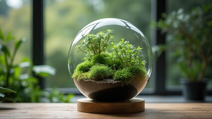 Glass Terrarium with Green Moss and Plants on Wooden Stand