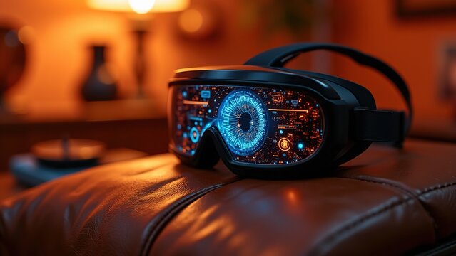 Futuristic VR Headset on Leather Couch - Advanced Technology and Comfortable Environment