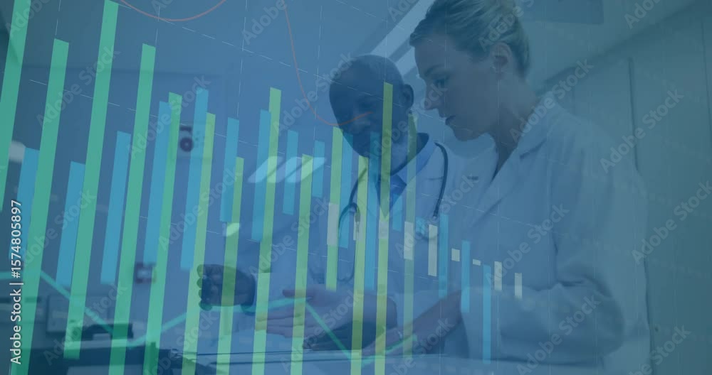 Poster on receiving charts two doctors reviewing patient data and interpreting results with bar-graph