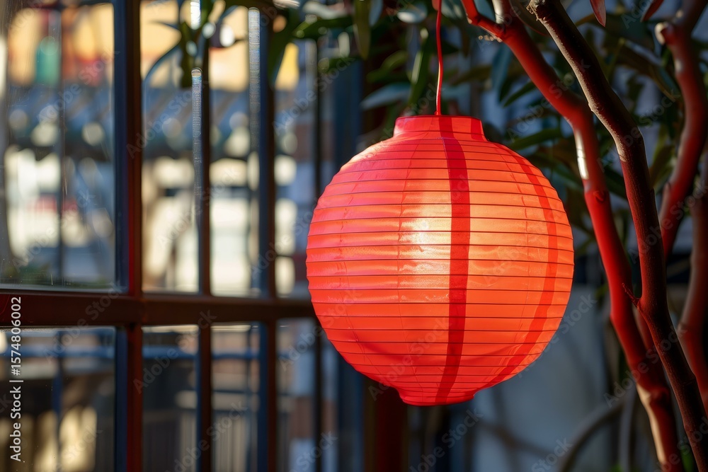 Poster red paper lantern hanging from the branch of a small tree by a window, creating a warm and festive a