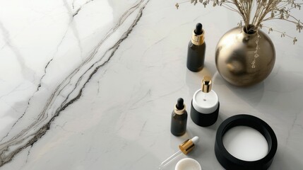 Elegant Marble Surface Featuring Skincare Products, Golden Vase, and Dried Flowers for a Luxurious Beauty Display