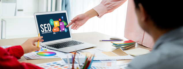 SEO search engine optimization for brisk e-commerce and online retail business showing on computer...