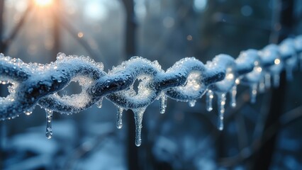 Frosty Icicles on Metal Chain in Winter Wonderland