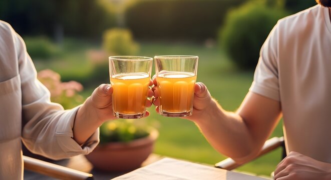 Couple Toasting Healthy Kombucha in a Garden at Sunset
