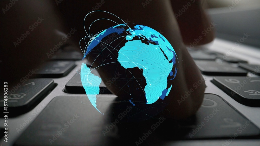 Poster global network connection visualization showing data exchange, digital link, worldwide communication