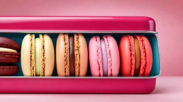 A row of colorful macarons in a stylish pink metal box on a pastel background. Perfect for decorating baked goods and gifts. Great for displaying sweets and creating a festive mood.