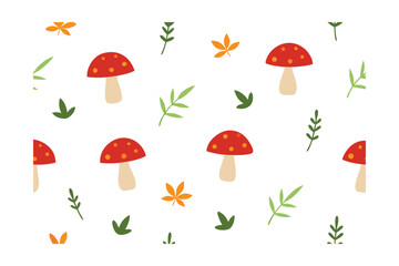 Seamless Icon Set Of Mushrooms And Herbs On White