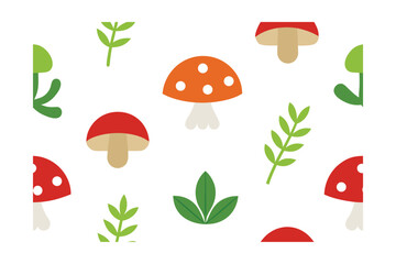 Fototapeta premium Seamless Icon Set Of Mushrooms And Herbs On White