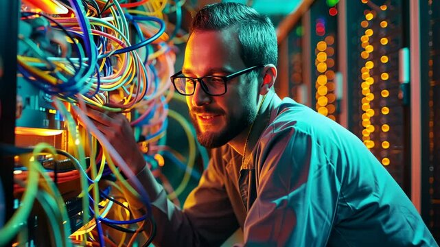  Happy engineer in a data center server room configuring AI
