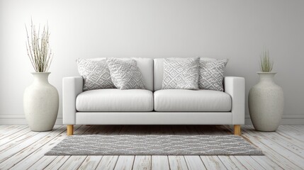 Minimalist living room with white couch, patterned pillows, and vases